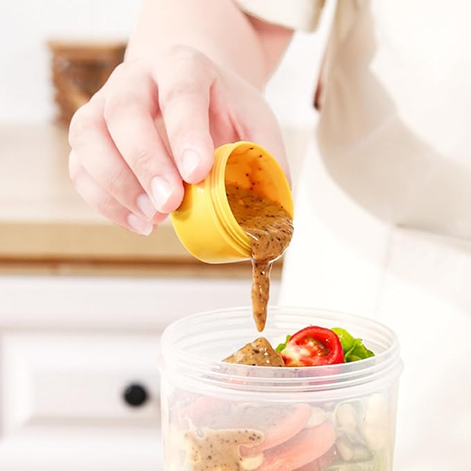 (3-tlg. Set) 870ml Lunch Box mit Saucen Behälter inkl. Gabel für Müsli / Salat / Joghurt - Grau / Transparent
