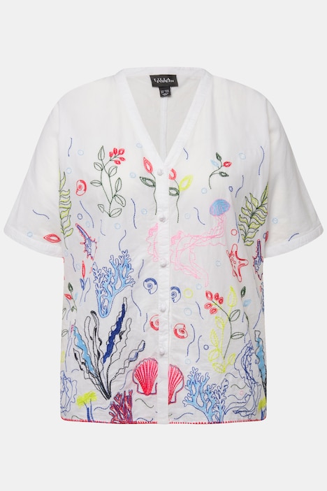Bluse, Stickerei, Oversized, V-Ausschnitt, Halbarm