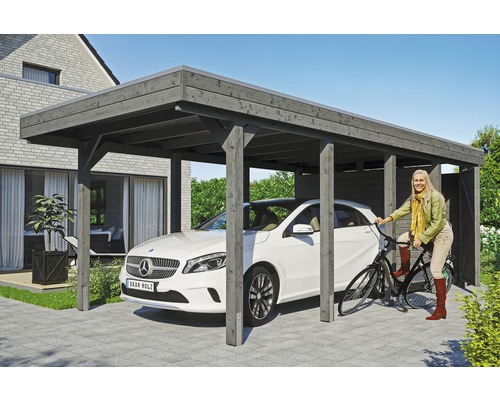 SKAN HOLZ Friesland Set 2 enkele carport inclusief aluminium dakpanelen, berging, H-paalankers 314 x 708 cm grijs