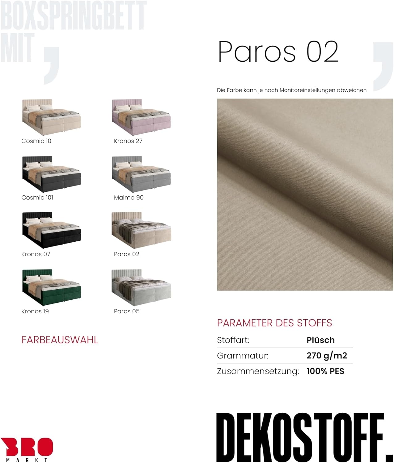 BROMARKT Boxspringbett mit Bettkasten Polsterbett mit Bonell-Matratze und Topper Doppelbett mit Stauraum Bett für Schlafzimmer gepolstertes Kopfteil Dream 140x200 Härtegrad H3 Samtstoff Beige