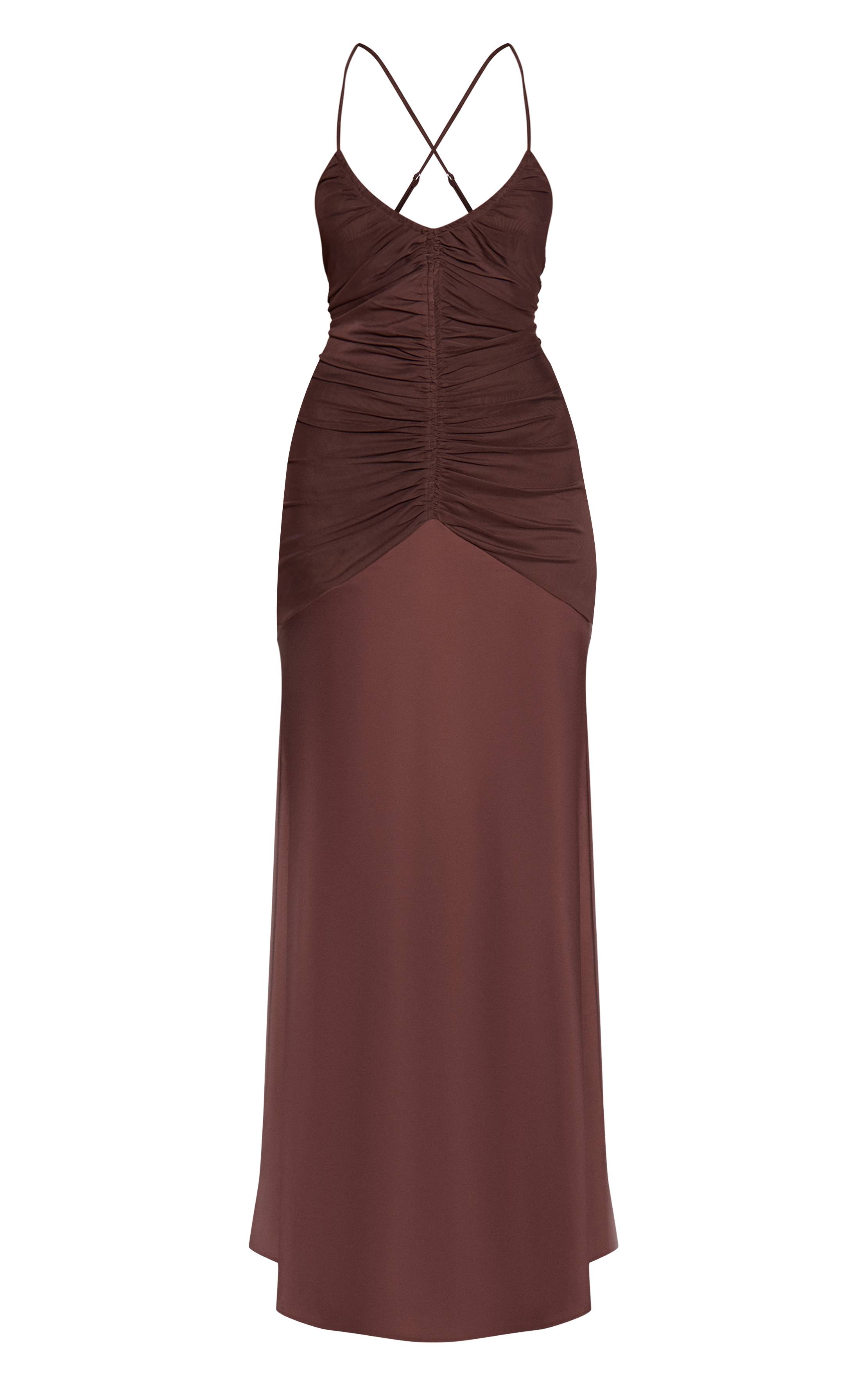 Chocolat Robe Longue Nuisette En Satin Froncé