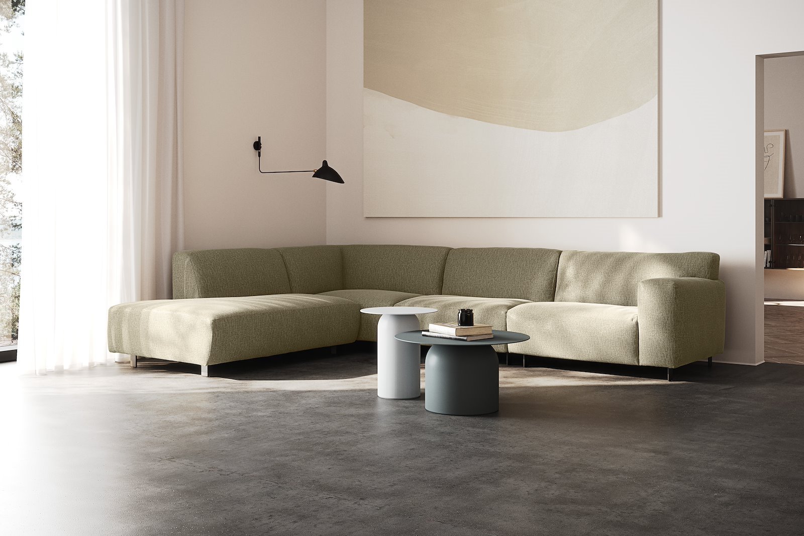 Vesta hjørnesofa 3-seter med åpen ende venstre, Big hjørnemodul, Tekstil Marsel Light green, standardsøm, sort metallben 10 cm, Comfort CM