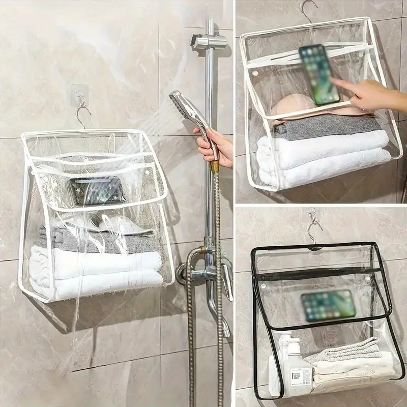 (40x39cm) 2-fach Wasserfester Dusch Organizer Duschwand Tasche für Kleider / Handy / Tücher - Schwarz