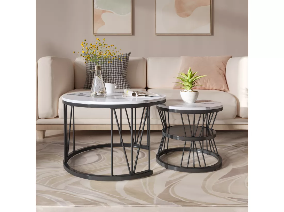 Lot de 2 tables basses rondes modernes avec structure en marbre pour salon, salle de réception, balcon et bureau - Structure en métal - 70 x 70 x 45 cm - Noir - 70 x 70 x 45 cm