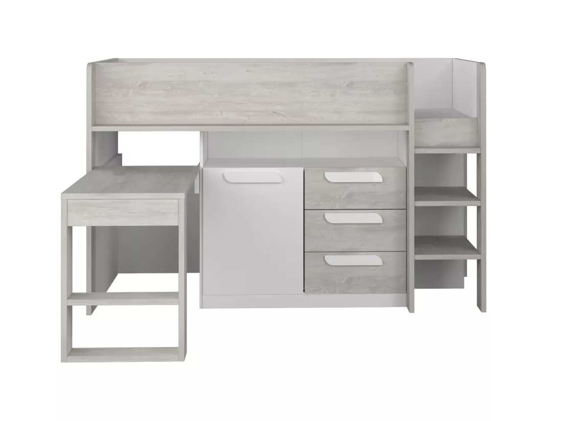 Lit combiné 90 x 200 cm - Avec bureau et rangements - Blanc et naturel - LOUKALA