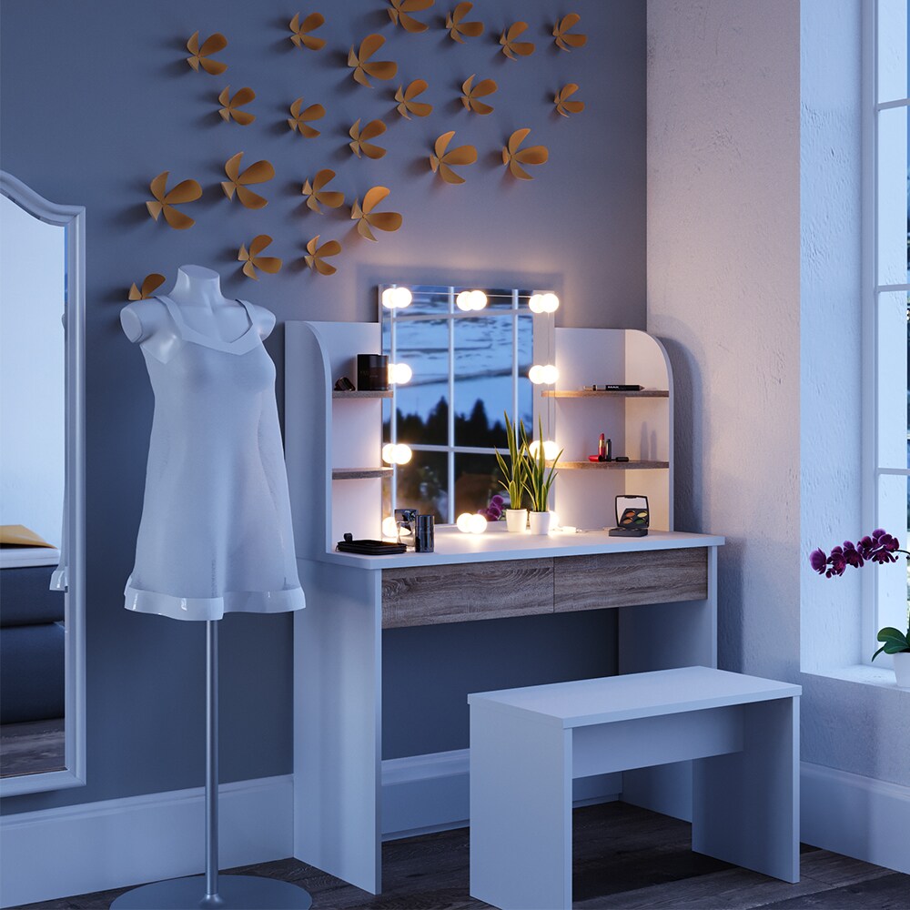 VICCO LED Schminktisch CHARLOTTE Frisiertisch Weiß Eiche Kosmetiktisch Bank