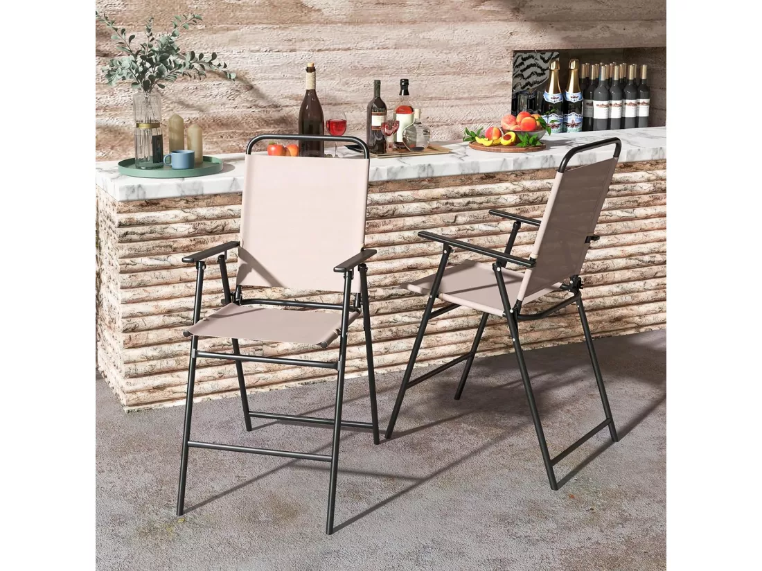 Lot de 2 Chaises de Jardin Pliantes avec Accoudoirs, Chaises d'Extérieur à Dossier Haut avec Cadre en Métal, Fauteuil de Jardin en Teslin Respirant pour Toutes Saisons, Charge 150KG(Beige)