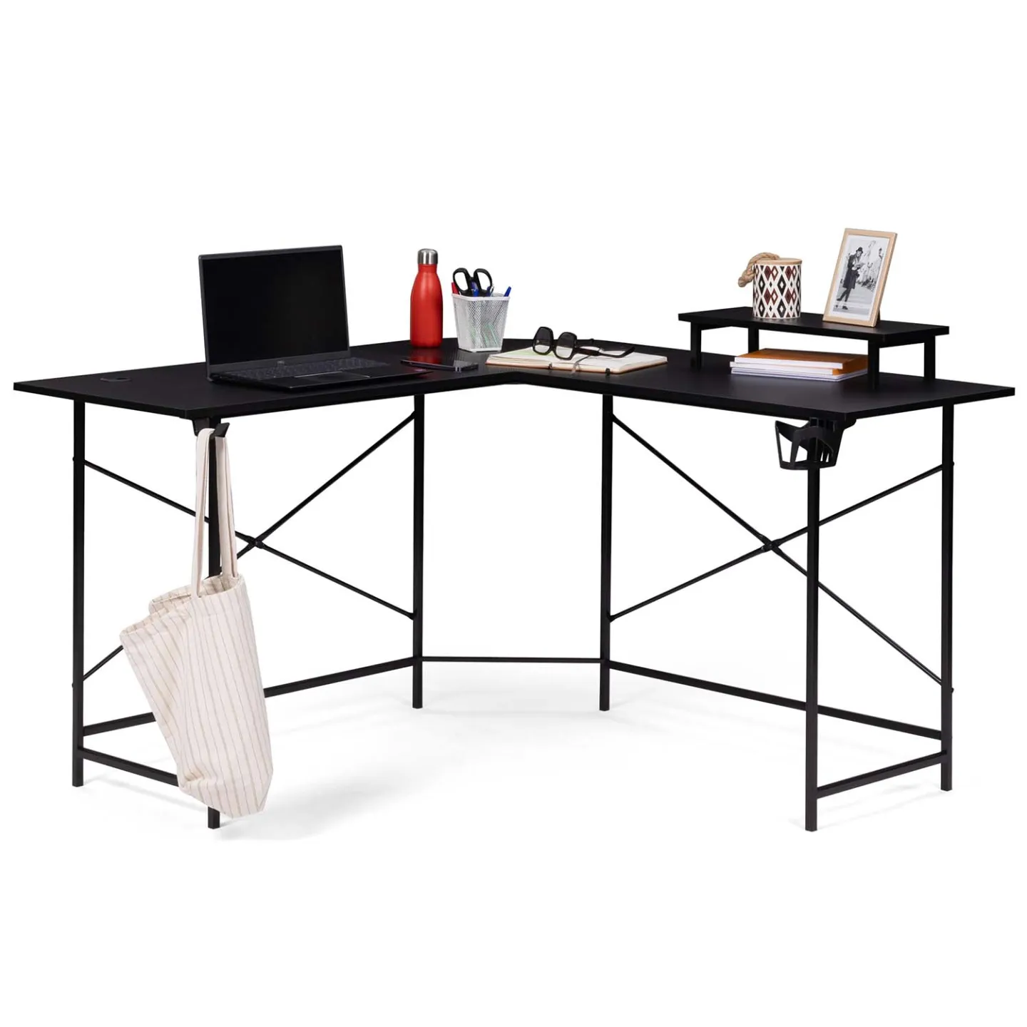 Bureau gaming d'angle noir ALEXIS support pour écran porte gobelet et accessoires