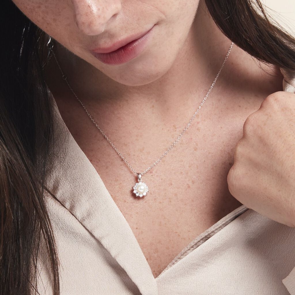 Collier Argent Blanc Cheri Perle De Culture Oxydes De Zirconium