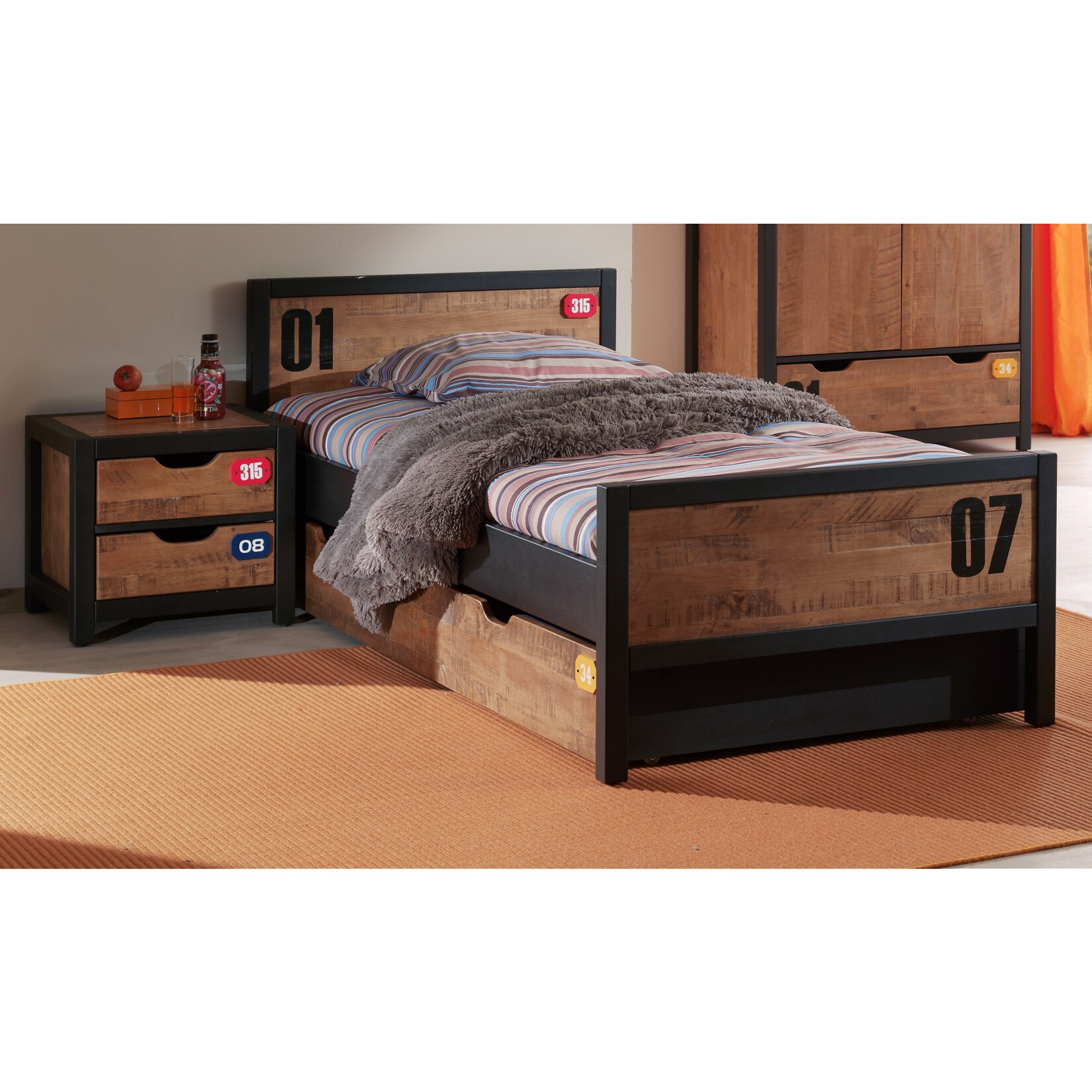 Vipack Set Alex best. aus Nachtkonsole, Einzelbett 90x200 und BettschubladeKiefer gebürstet