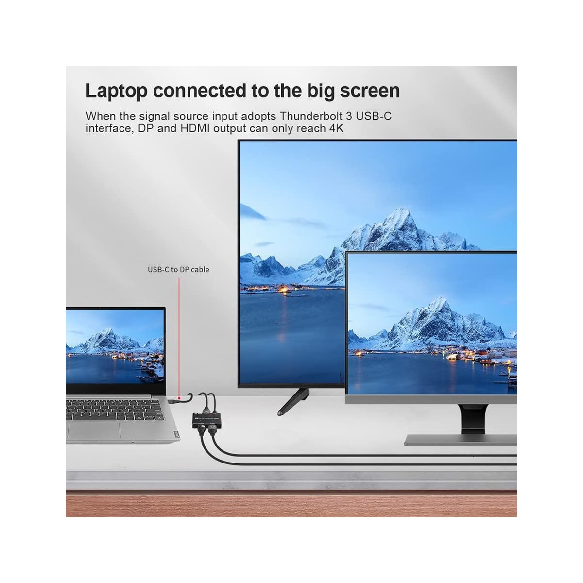 NÖRDIC 1 til 2 splitter 1xDisplayport til 1xHDMI og 1xDisplayport 8K30Hz støtte for MST og HDR