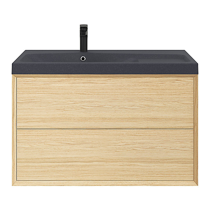 Meuble sous vasque à suspendre GoodHome Avela placage chêne 100 cm + Plan vasque en résine noir Mila