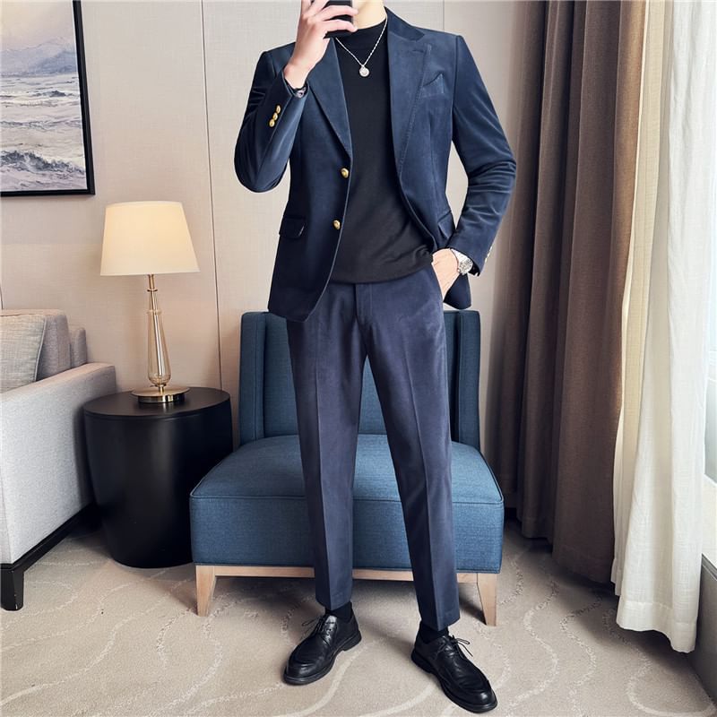 Lefitt - Set: Peak Lapel Plain Double-Breasted Blazer + High Waist Cropped Tapered Pants