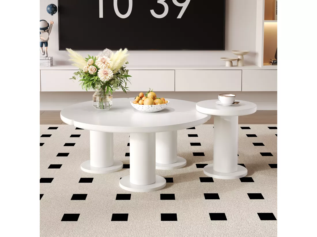 Lot de 2 tables basses rondes - D 100 x H 40 cm + D 39.8 x H 42.2 cm - Bois MDF - Blanc
