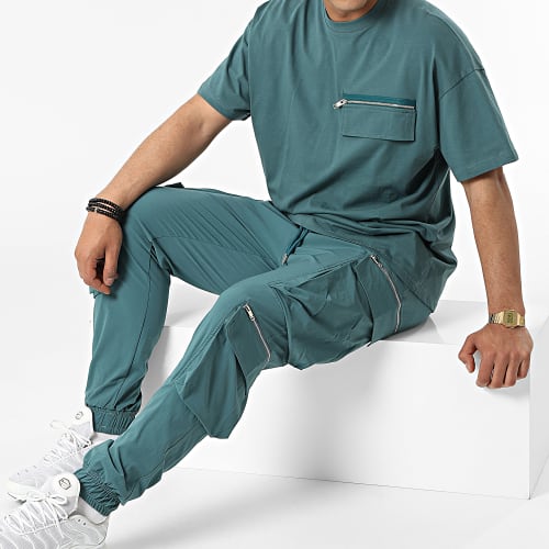 Ensemble Tee Shirt A Poche Poitrine Et Jogger Pant LL655 Bleu Canard
