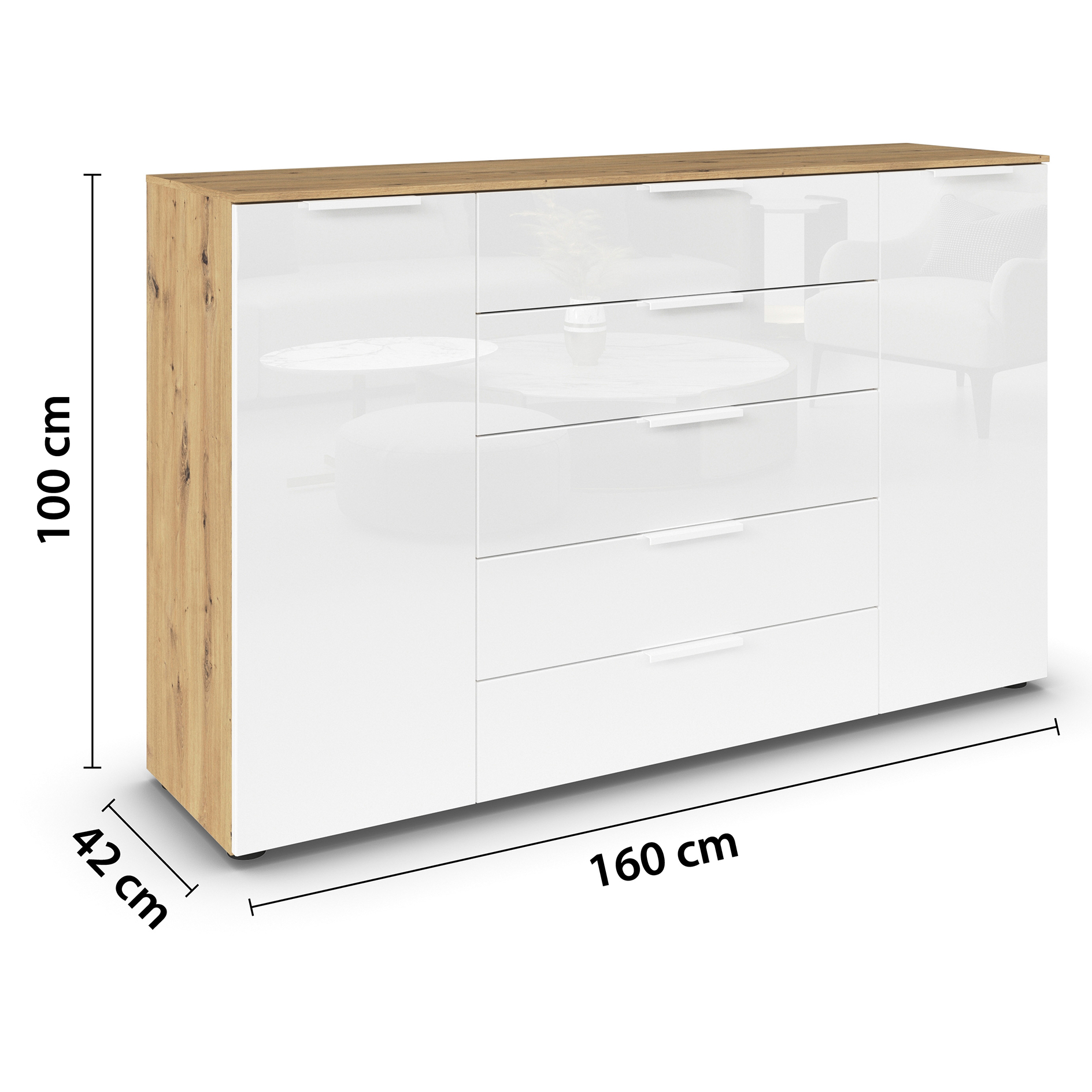 Kommode - Artisan Eiche-Kristallweißglas - weiße Griffe - 160 cm