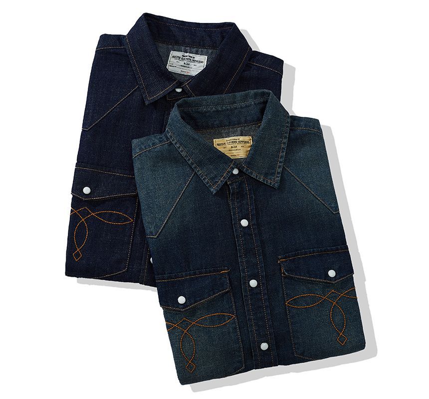 OKONKWO - Denim overhemd met korte mouwen, kraag en zakken
