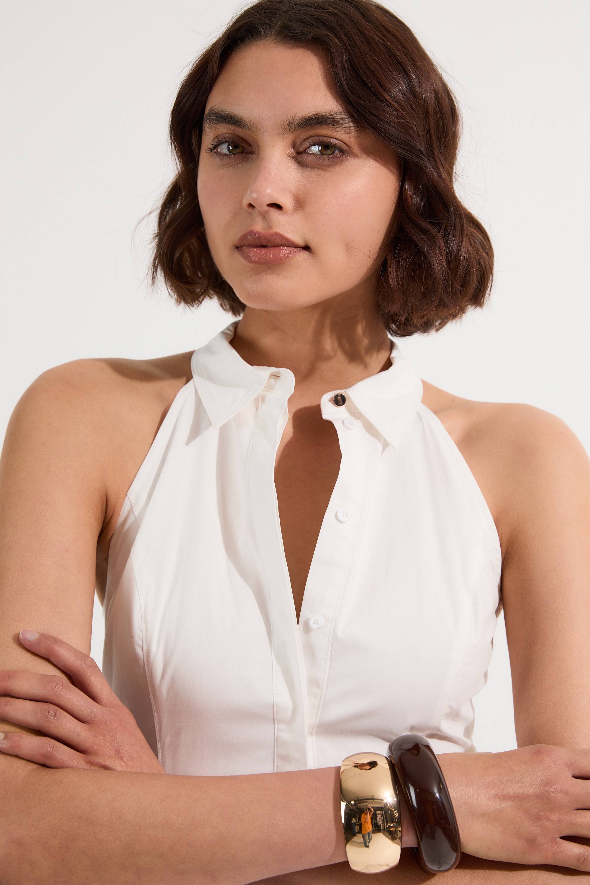 KarenMillen Robe Chemise Midi Tissée En Coton Avec Col Halter Et Taille Basse Pour Petite Stature