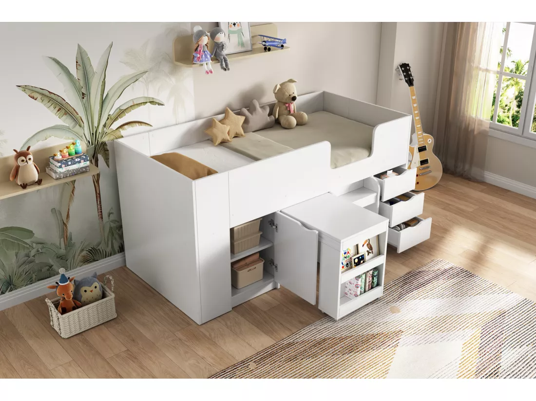 Lit mezzanine 90 x 200 cm avec bureau coulissant, 3 tiroirs et 1 porte - Bois MDF - Blanc (sans matelas)