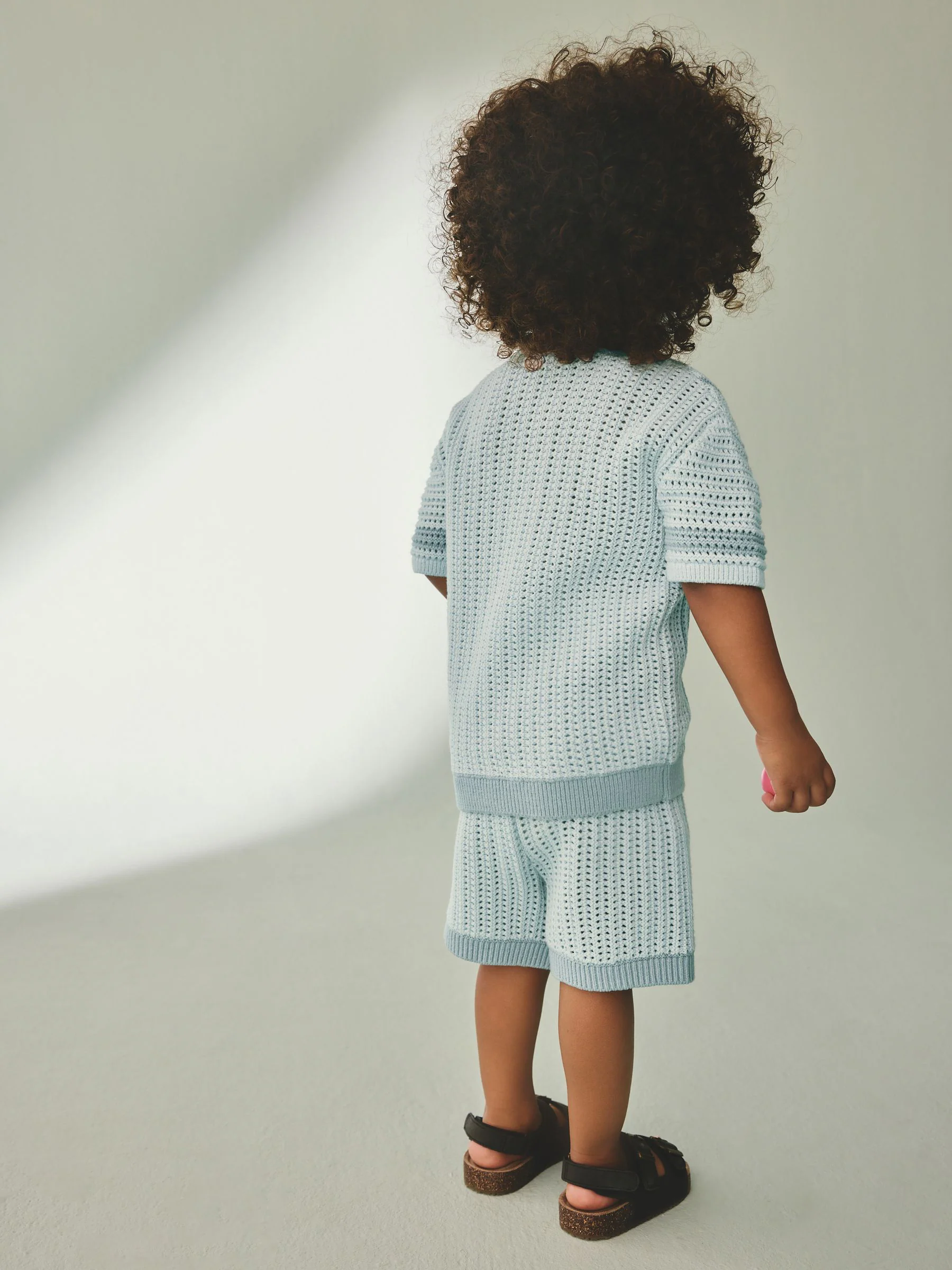 Blauw - Gehaakte gebreide set van overhemd met korte mouwen en shorts (3mnd -10jr)