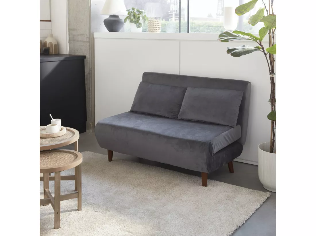 Canapé convertible 2 places gris foncé - Guesta - pieds bois. banquette. dossier inclinable