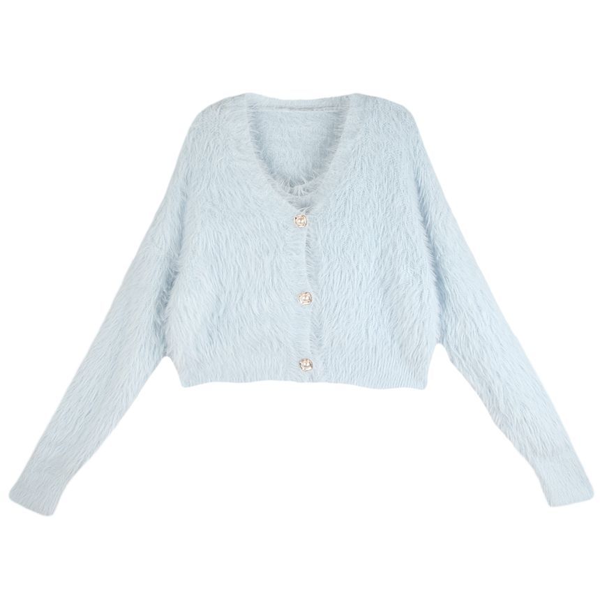 monroll - Set: effen, pluizig cropped vest + gebreide cropped camisole top