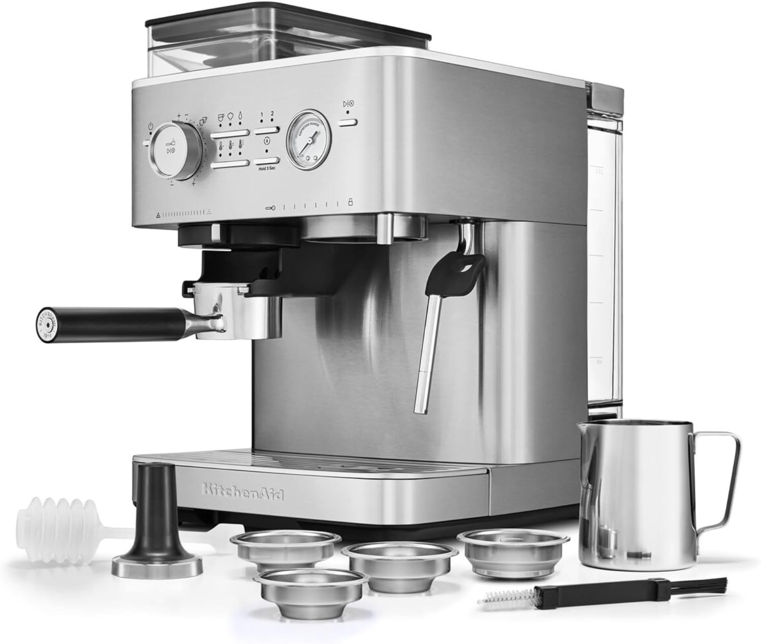 KitchenAid kaffeemaschine mit mahlwerk I Halbautomatische Espressomaschine I Heißgetränke von Espresso bis Cappuccino I Milchschäumerfür, Milchkännchen, Bohnenbehälter (Edelstahl)