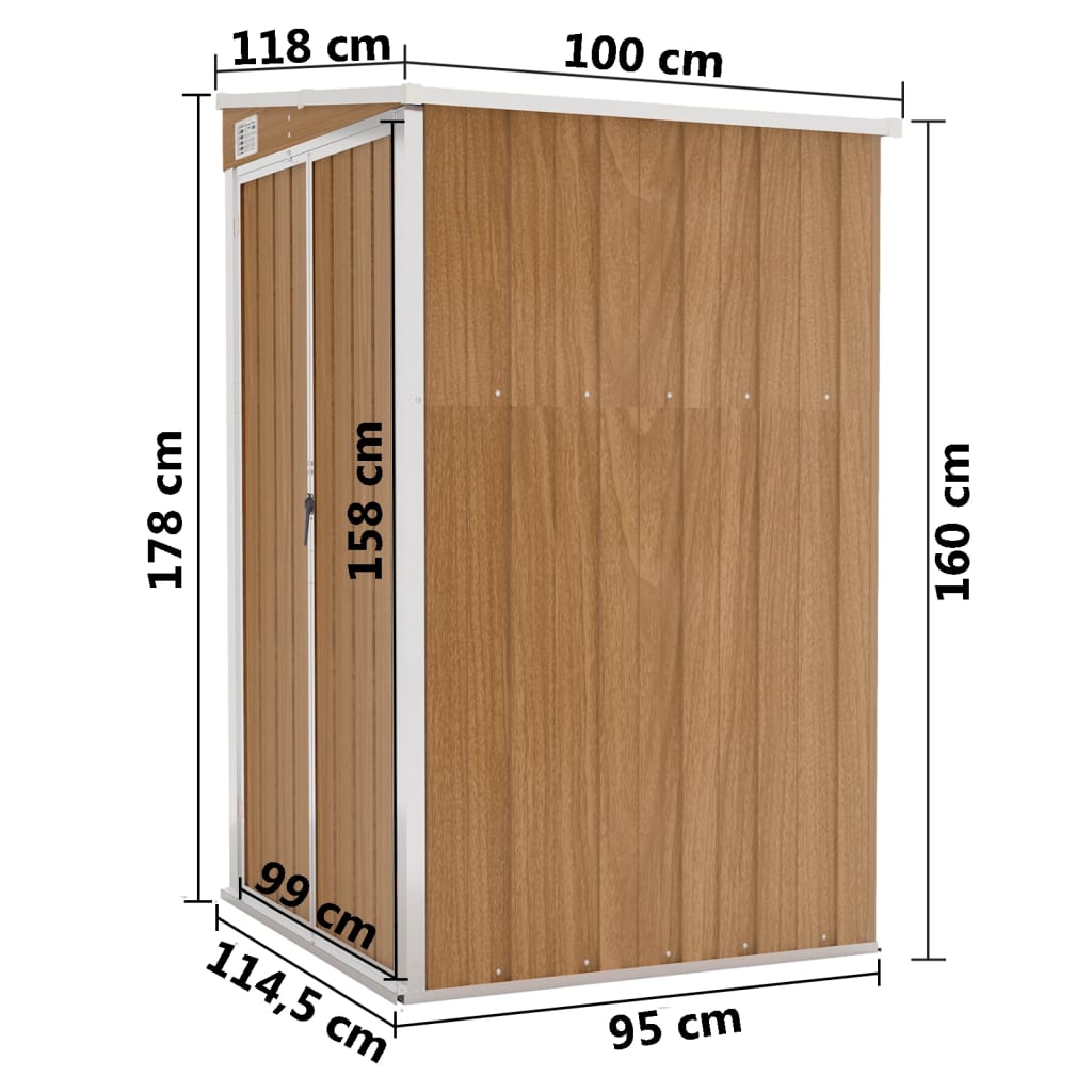 Casinha de jardim vidaXL, parede de aço galvanizado, marrom, 118x100x178 cm