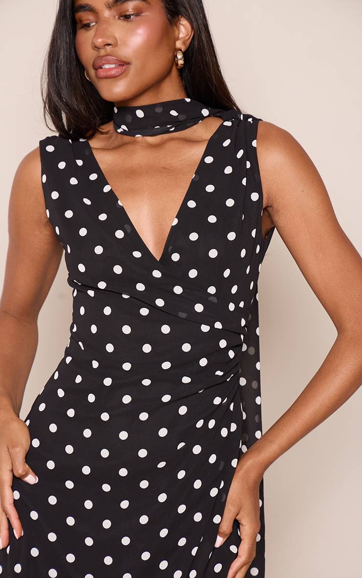 Noir Mini Robe En Mousseline À Pois Avec Détail Foulard