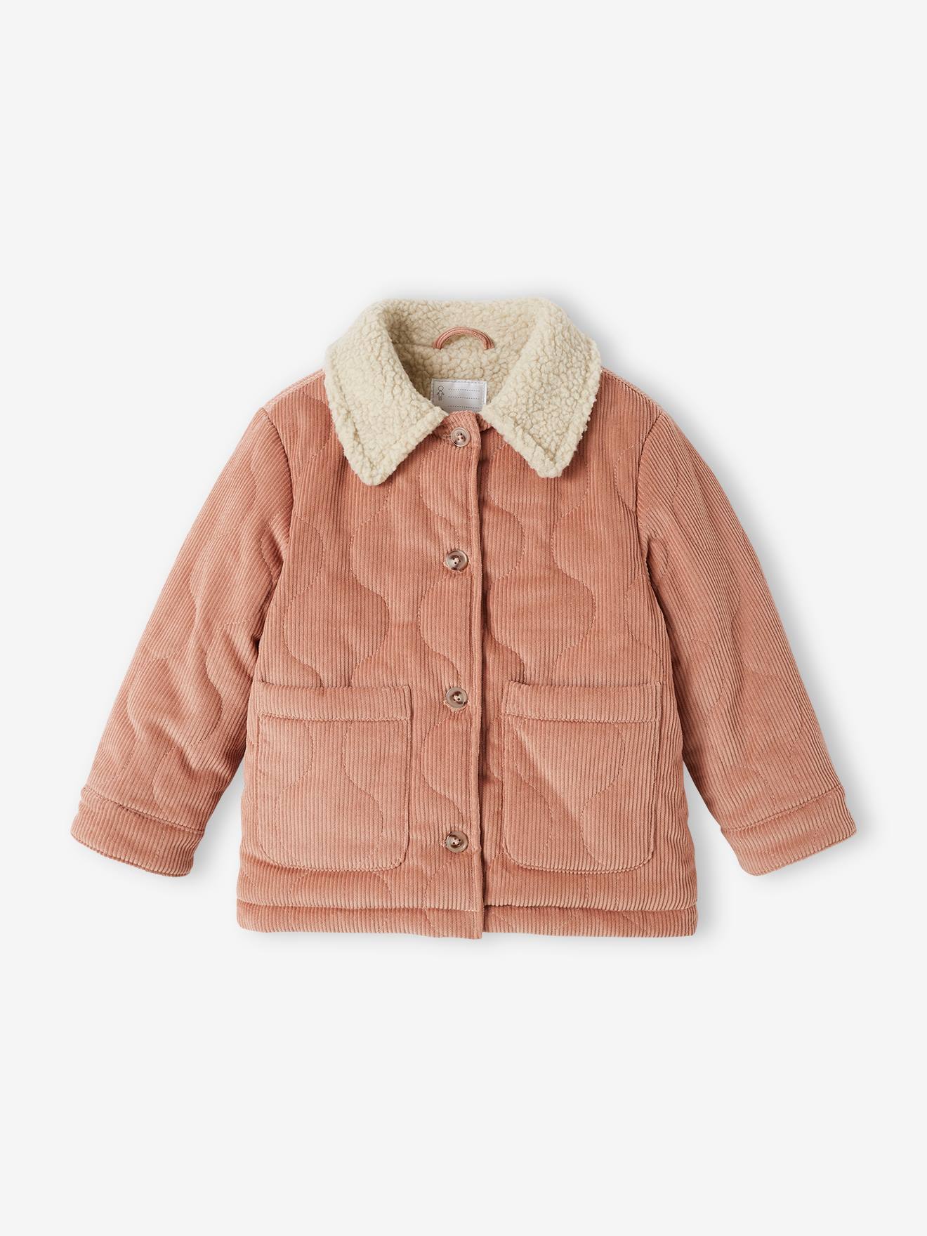 Jaqueta rosa de veludo cotelê acolchoada com forro de sherpa para meninas
