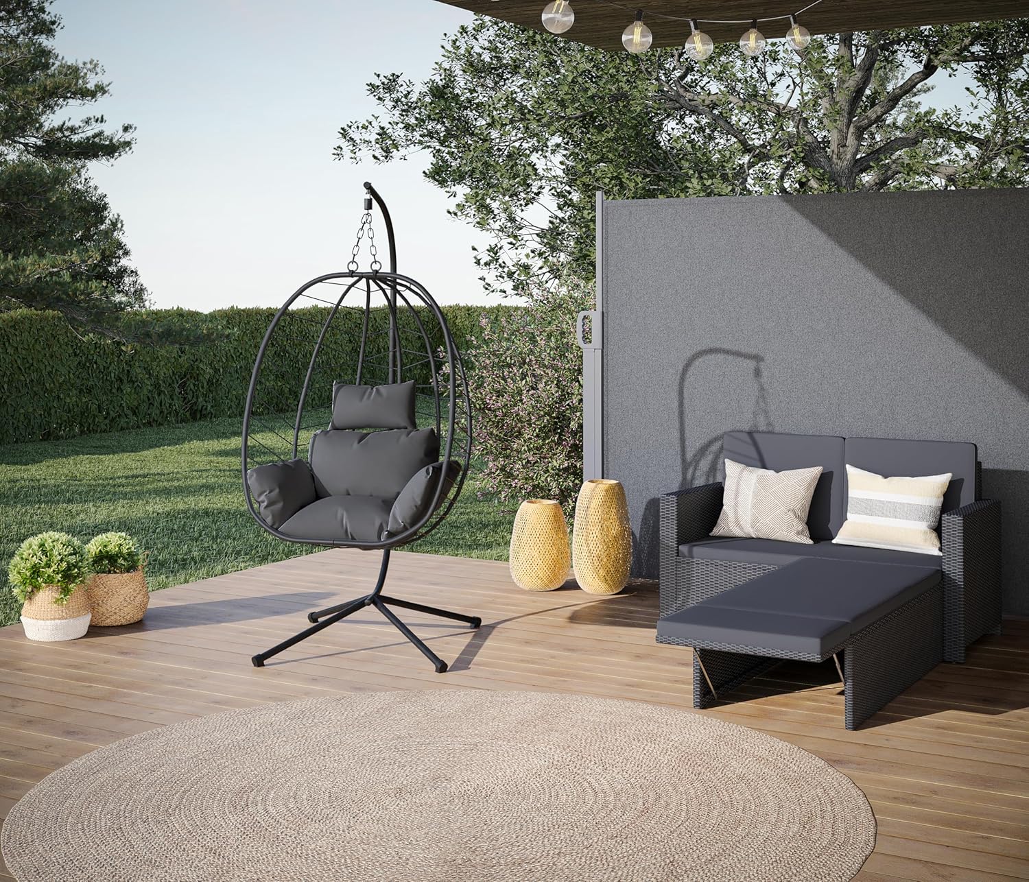 STEELSØN Gartenbank Elnath 2in1 Polyrattan, Gartensofa für 2 Personen mit Liegefunktion, Balkonmöbel mit Hocker 2er Sofa mit Polster wetterfest, Terrassenmöbel in schwarz/anthrazit 73x65x130 cm HxTxB