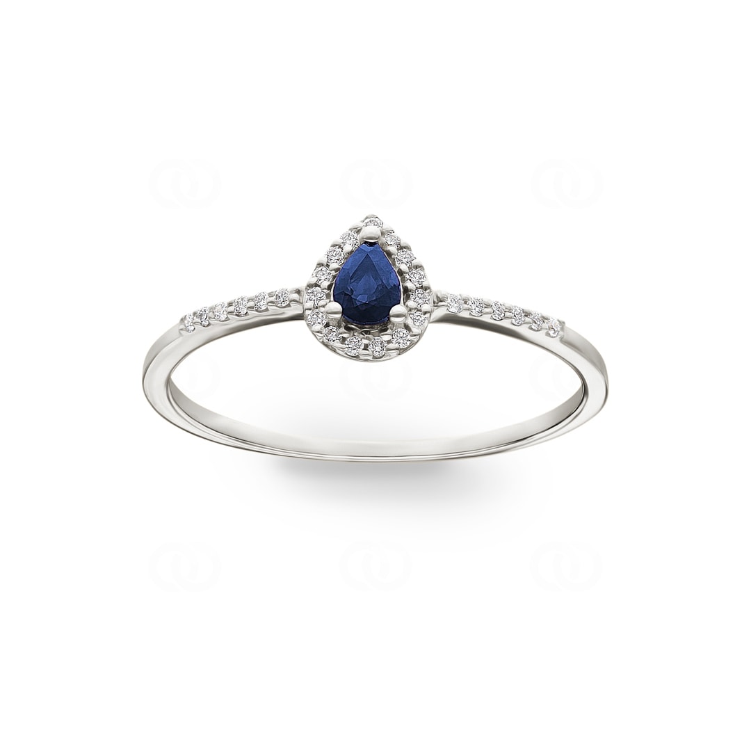 Damenring 750/18 K Weissgold mit Saphir Tropfen und Diamanten 0.08 ct H/si