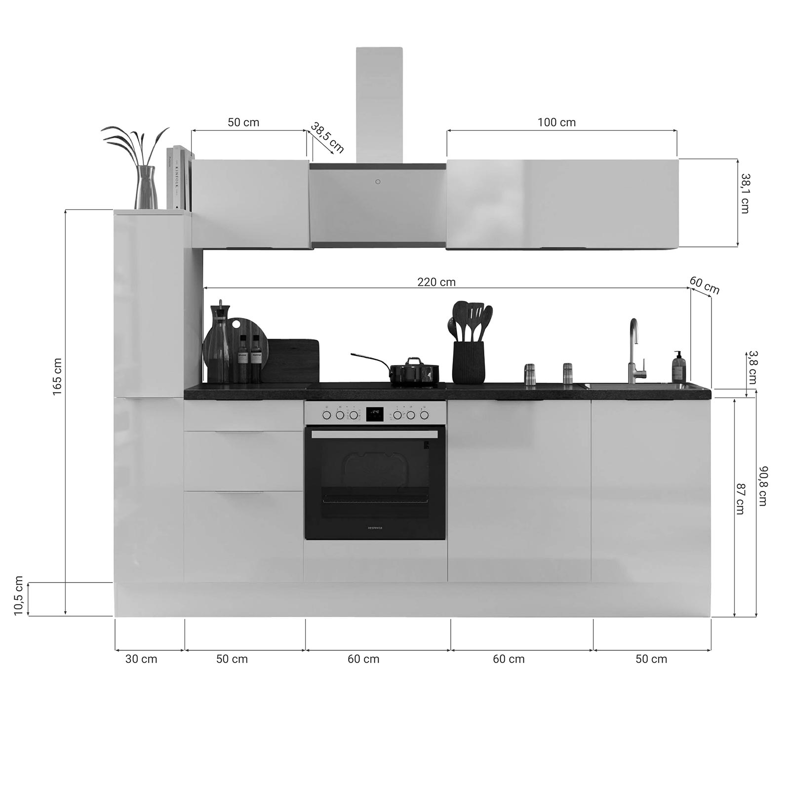 RESPEKTA Küchenblock - Artisan Eiche - weiß matt - mit E-Geräten - 250 cm