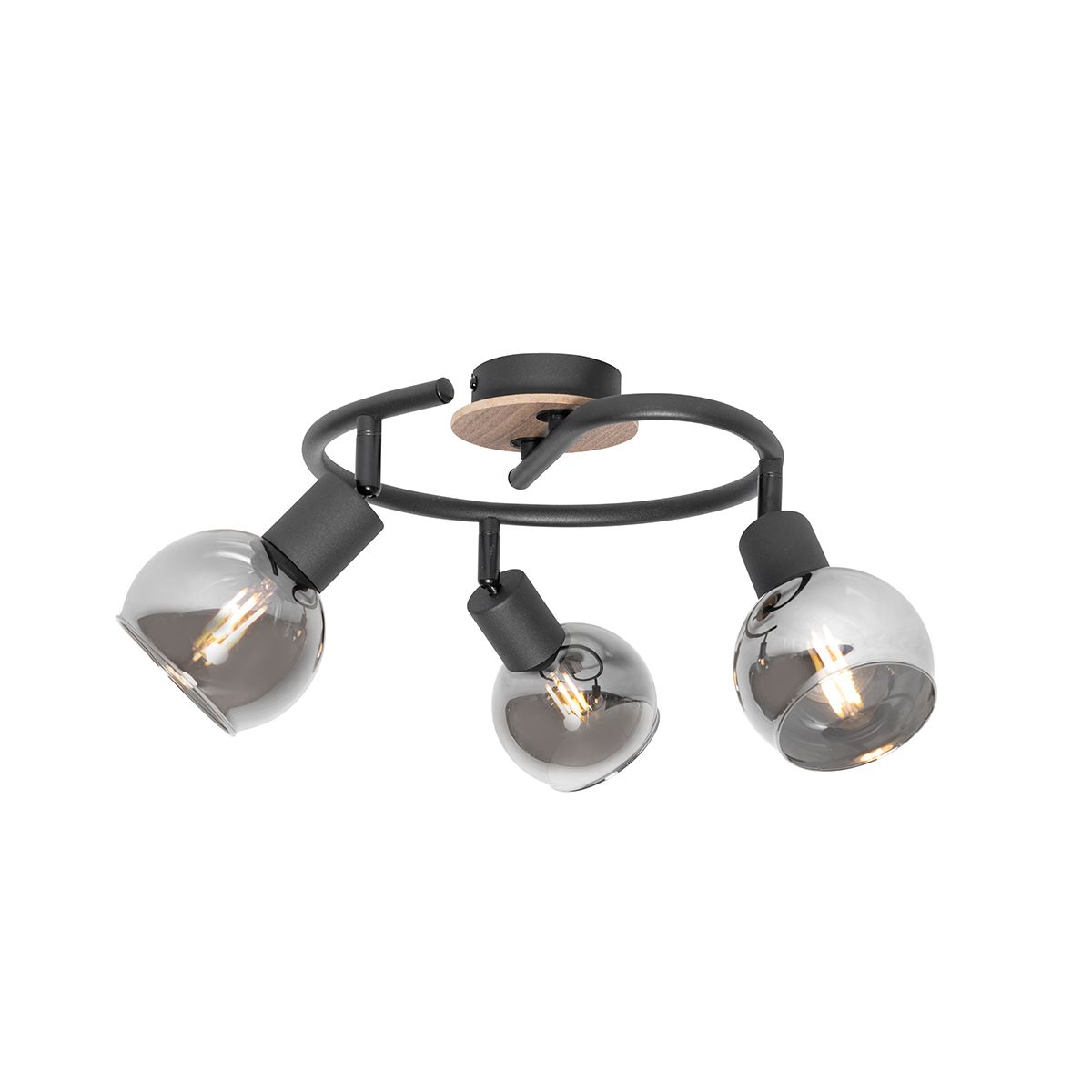 Plafondlamp zwart 44,5 cm met smoke glas en hout 3-lichts - Vidro