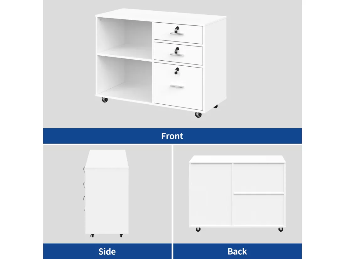 YITAHOME Meuble de Bureau à Roulettes en Bois, Armoire Verrouillable avec 3 Tiroirs et 2 Compartiments Ouverts, Blanc