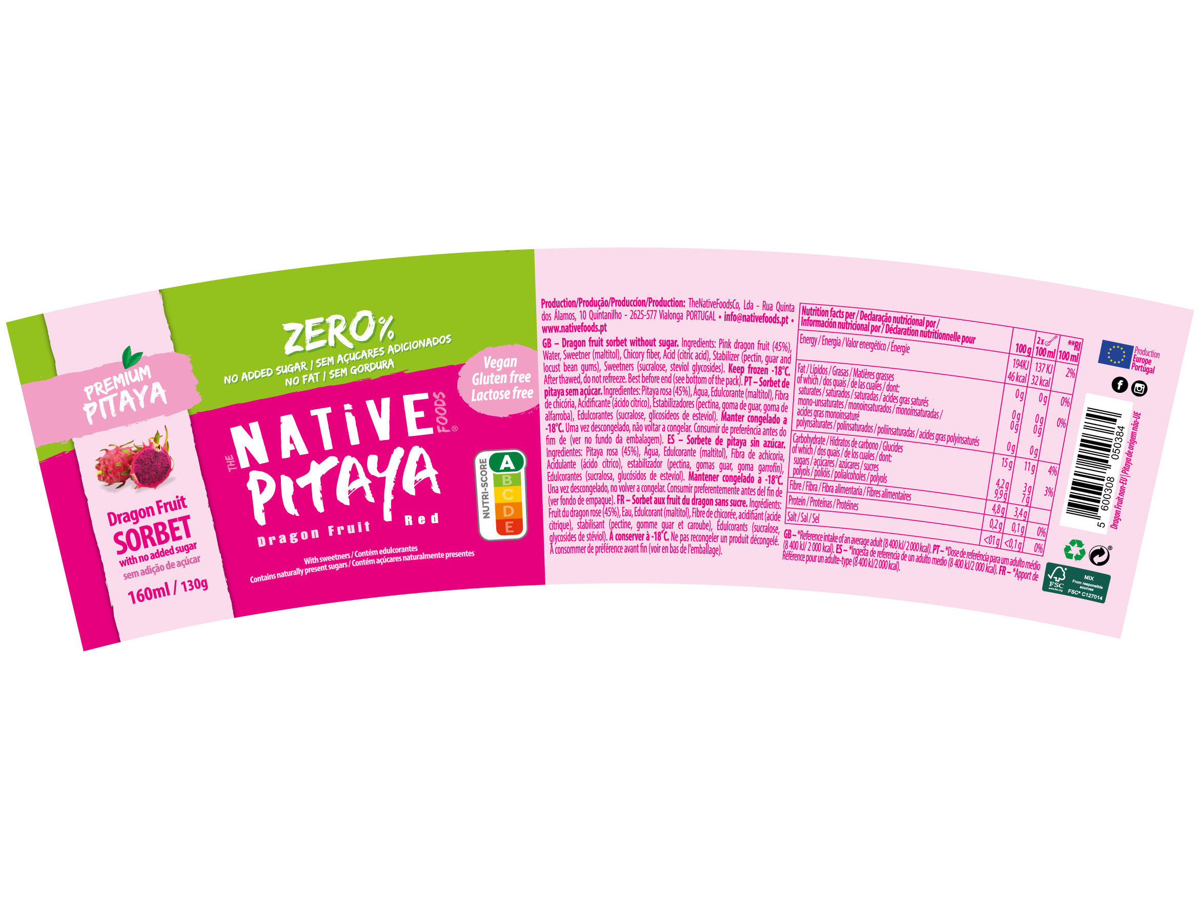 SORBET NATIVE PITAYA SEM AÇÚCAR 160ML