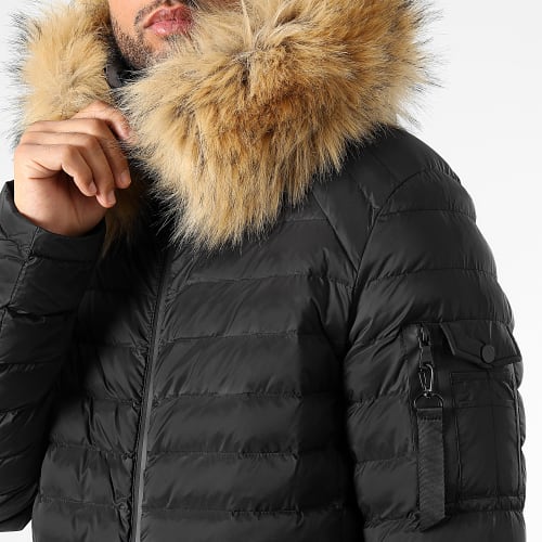 Doudoune Capuche Ultralight Avec Fourrure Noir Beige