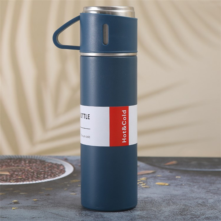 (4-tlg. Set) 500ml Edelstahl Thermo Trinkflasche Doppelwandige Camping Iso Kanne inkl. 3 Becher - Blau