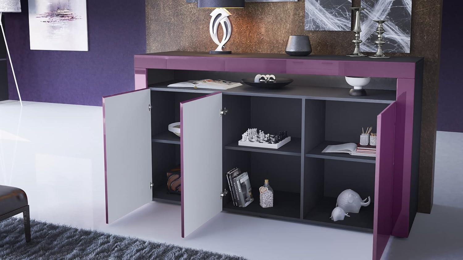 Vladon Sideboard Valencia, Made in Germany, Kommode mit 3 Türen und 1 offenem Fach, Schwarz matt/Eiche Natur/Schwarz Hochglanz (155 x 92 x 40 cm)