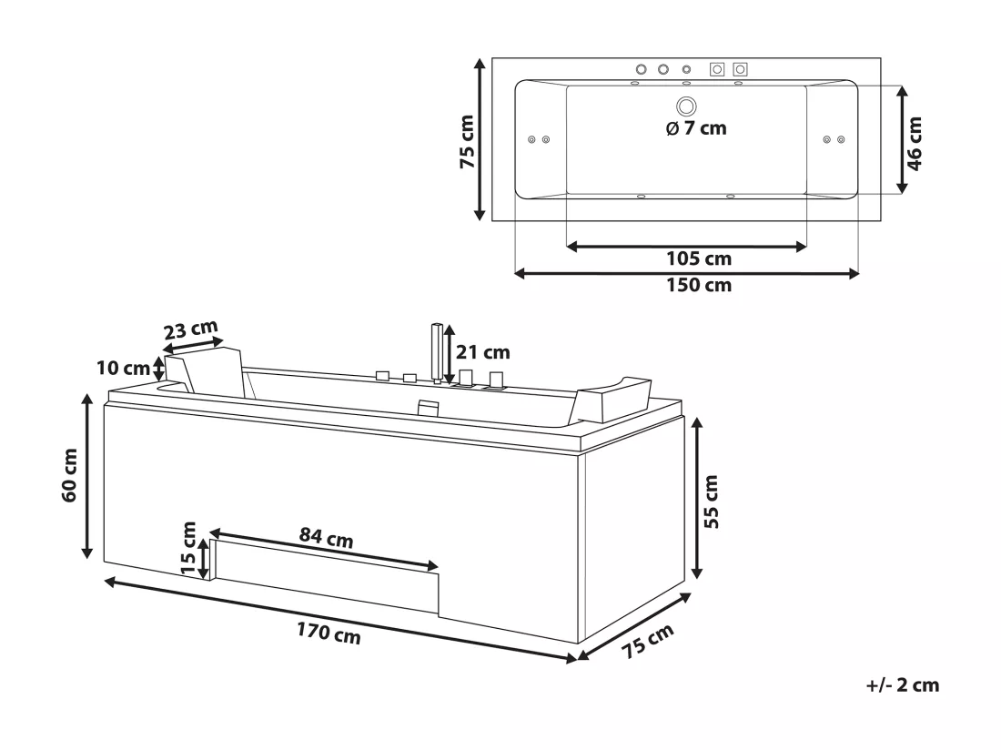 Baignoire balnéo blanche 170 x 75 cm avec LED GALLEY