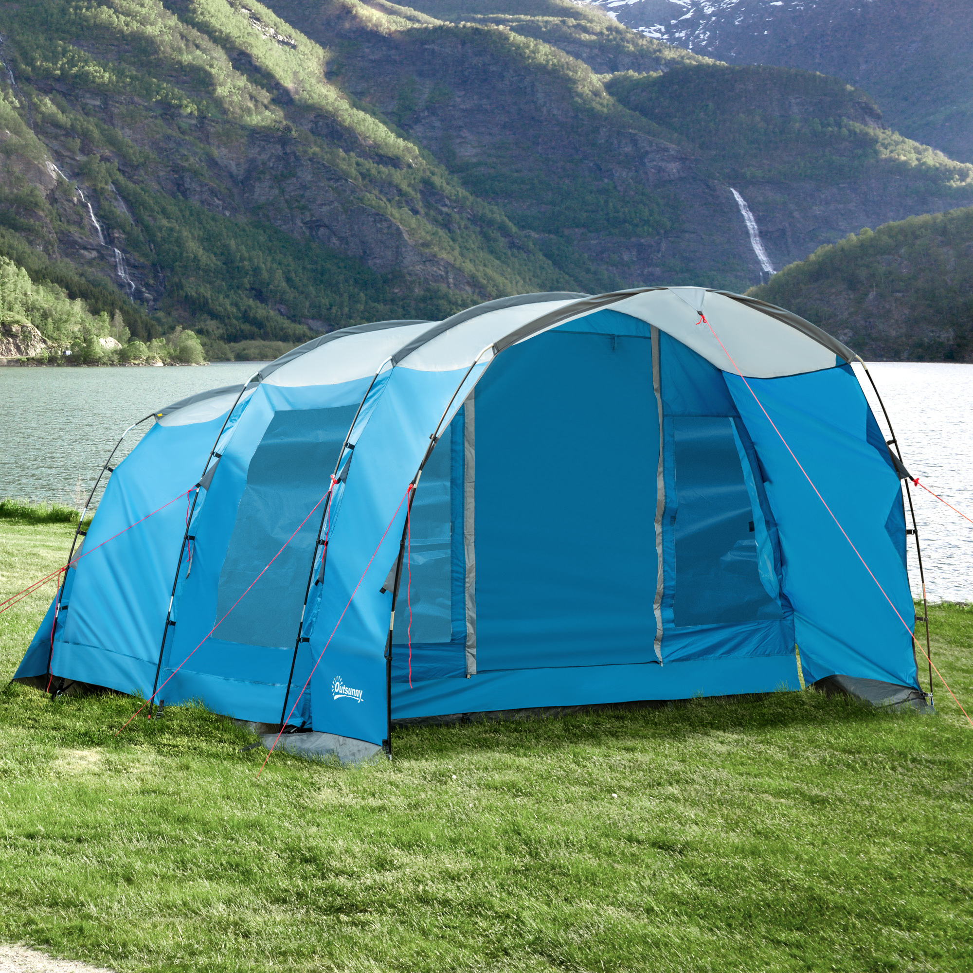 Outsunny Campingzelt mit Erdspieße, Tragetasche und Spannseilen blau 445L x 275B x 195Hcm