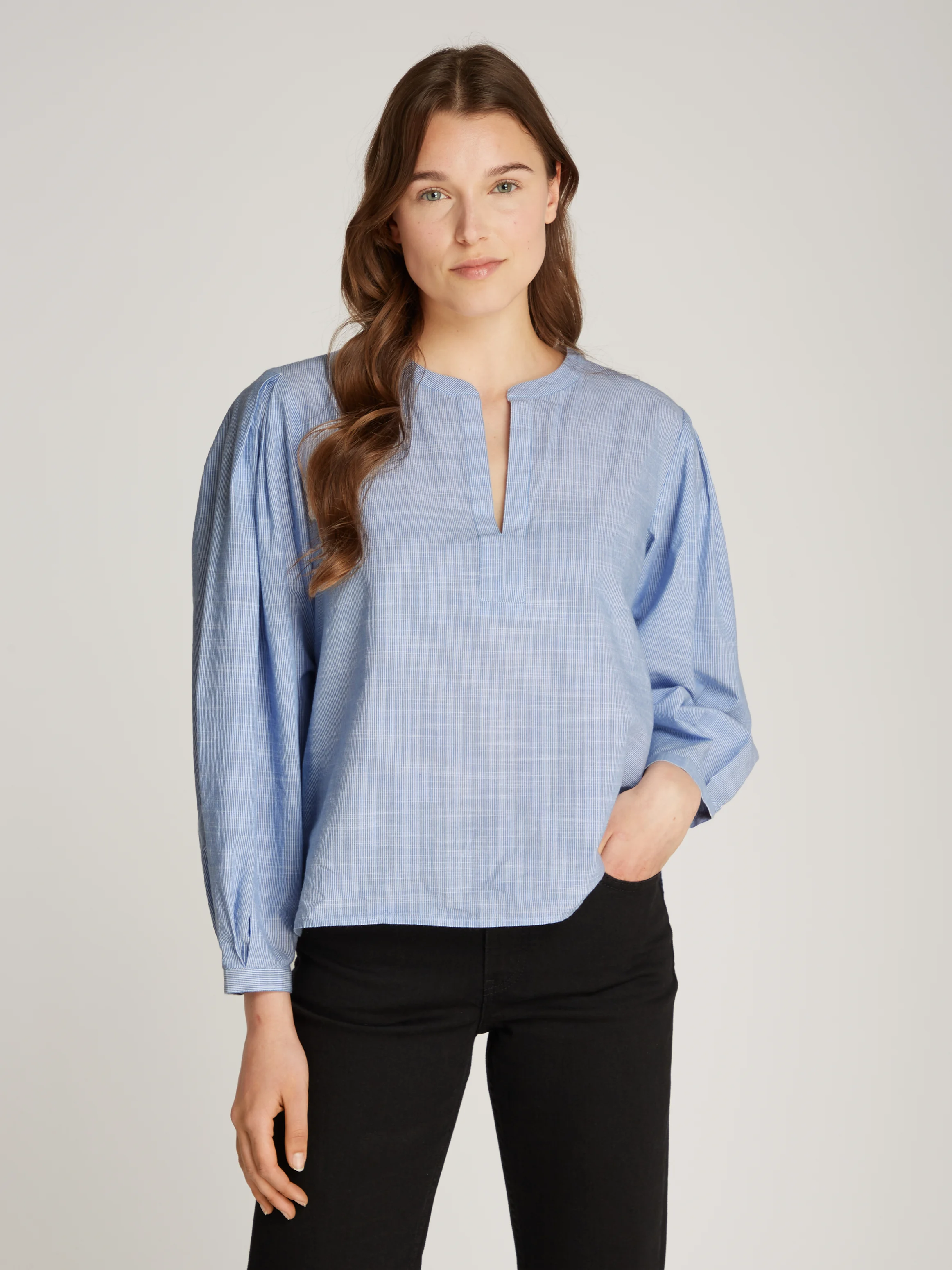 Blouse droite en coton bio rayé | Bleu