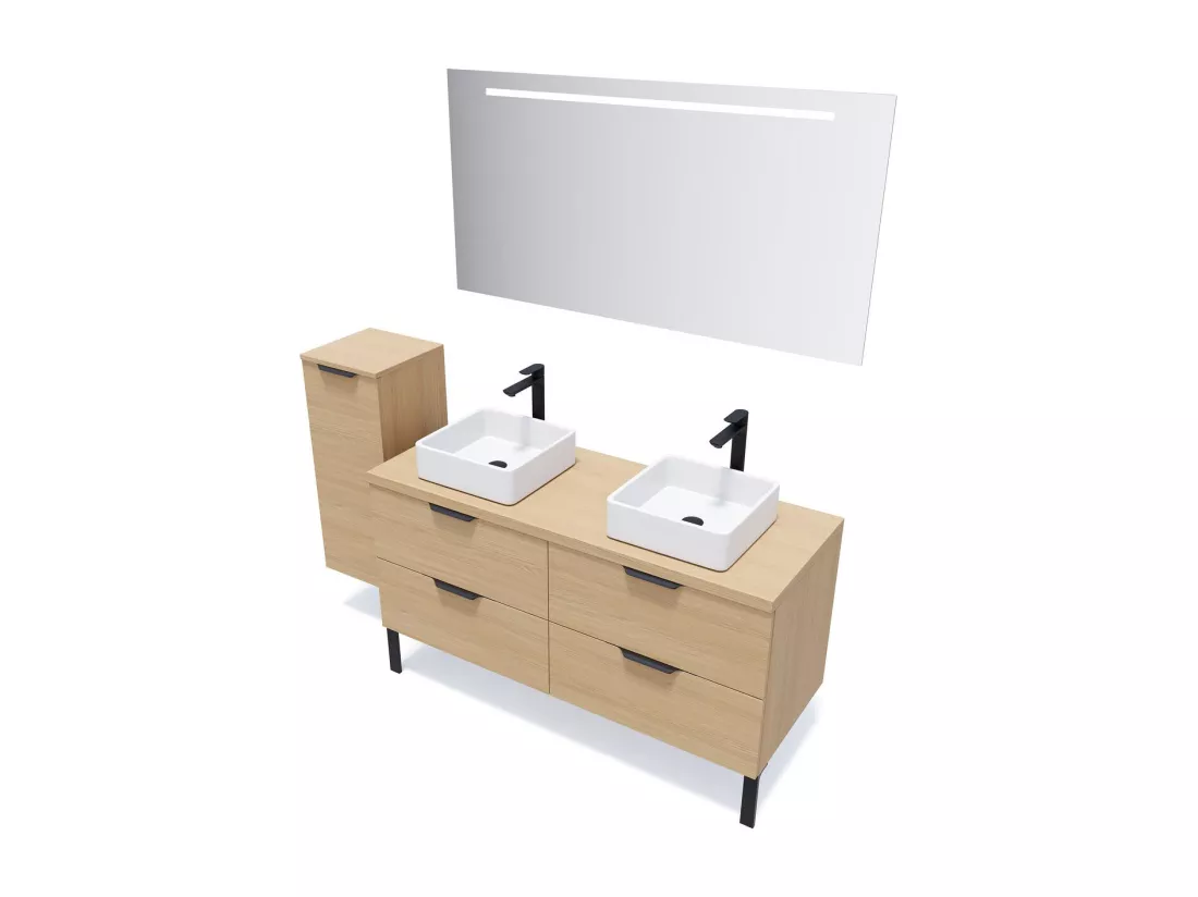 Meuble de salle de bain suspendu 2 vasques à poser 140cm 4 tiroirs Chêne clair - Soho