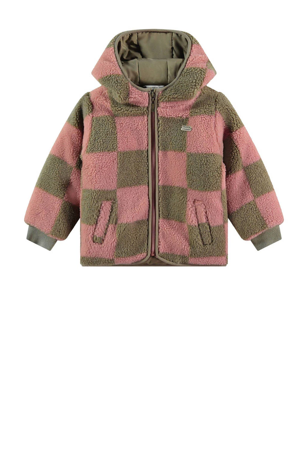 Stains&Stories geruite teddy winterjas roze/groen