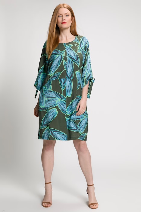 Midikleid, Blätter, A-Linie, Rundhals, 3/4-Fledermausarm