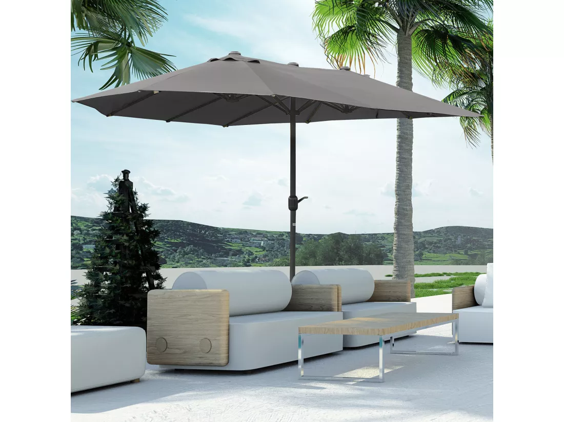 Parasol de jardin XXL dim. 4,6L x 2,7l x 2,4H m ouverture fermeture manivelle pied & contrepoids inclus acier polyester haute densité gris
