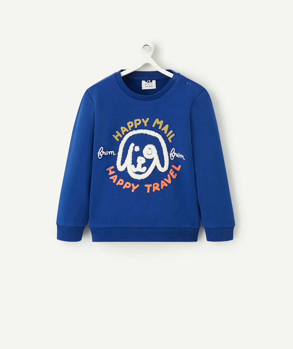 SWEAT BÉBÉ GARÇON BLEU AVEC MESSAGE ET CHIEN EN BOUCLETTES