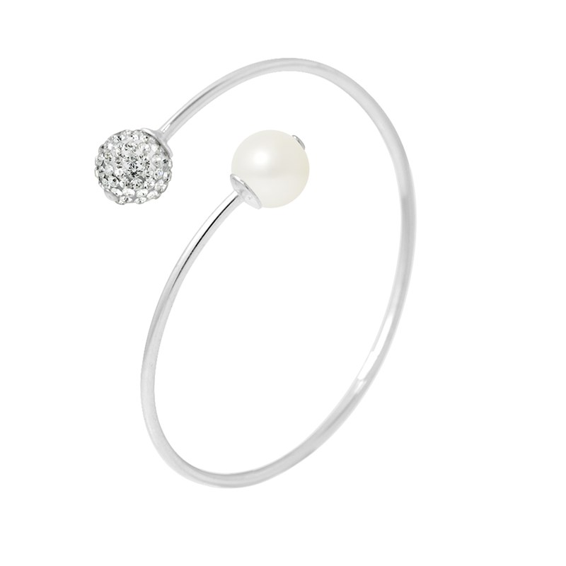 Bracelet TOI ET MOI - Perle d'eau douce - Boule cristal blanc - Argent 925