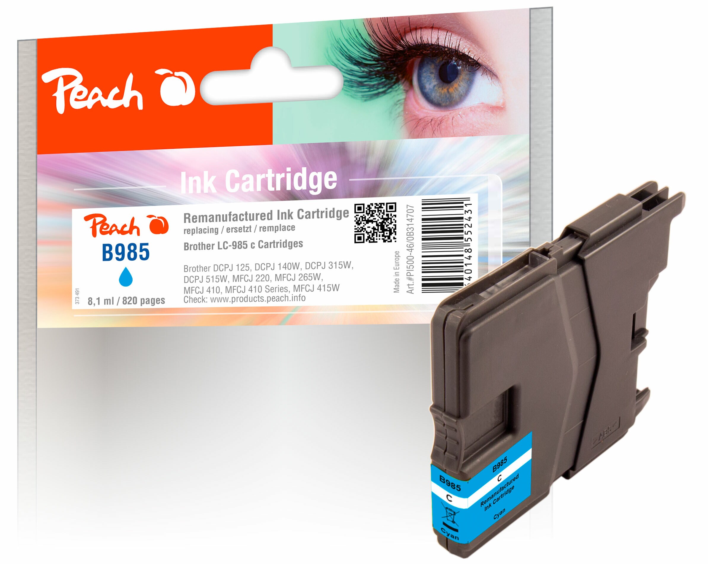 Peach B985 c Druckerpatrone cy ersetzt Brother LC-985c für z.B. Brother DCPJ 125, Brother DCPJ 140 W, Brother DCPJ 315 W, Brother DCPJ 515 W (wiederaufbereitet)