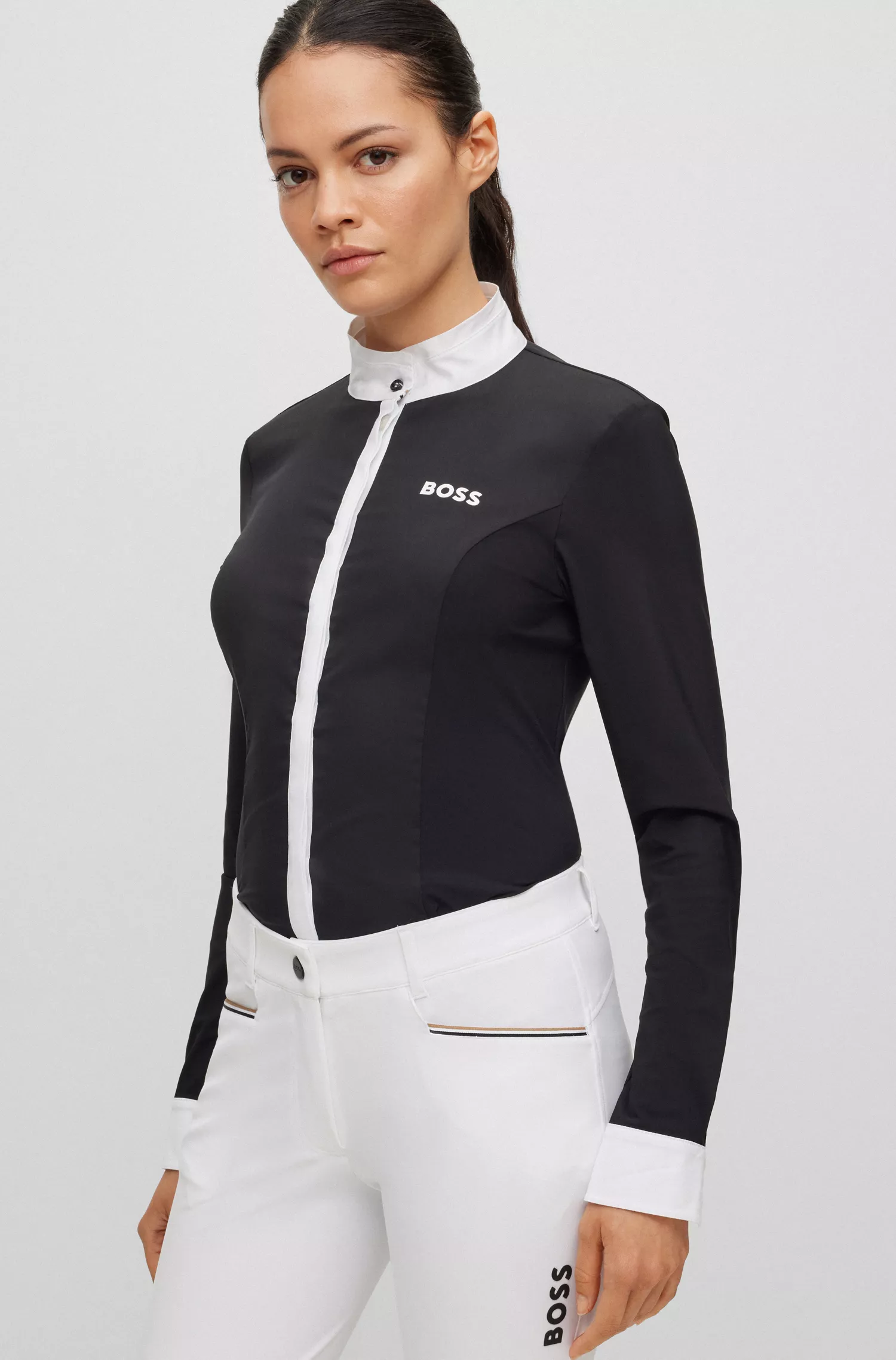 Blusa de competição BOSS Black-Equestrian de corte justo, em tecido misto.